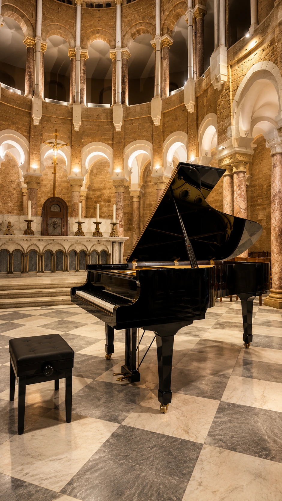 A Yamaha C7 grand piano placed for a concert at Saint Joseph church, Monot, Beirut