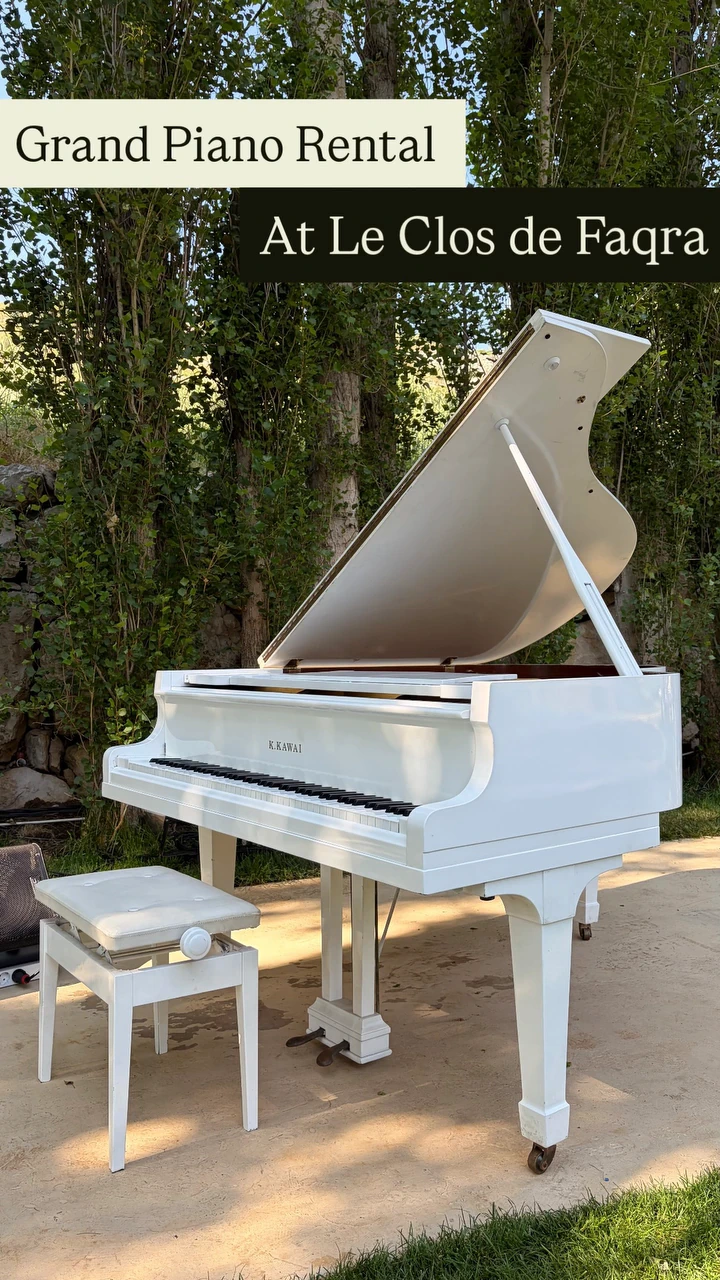Grand piano rental at Le Clos de Faqra, a white Kawai grand