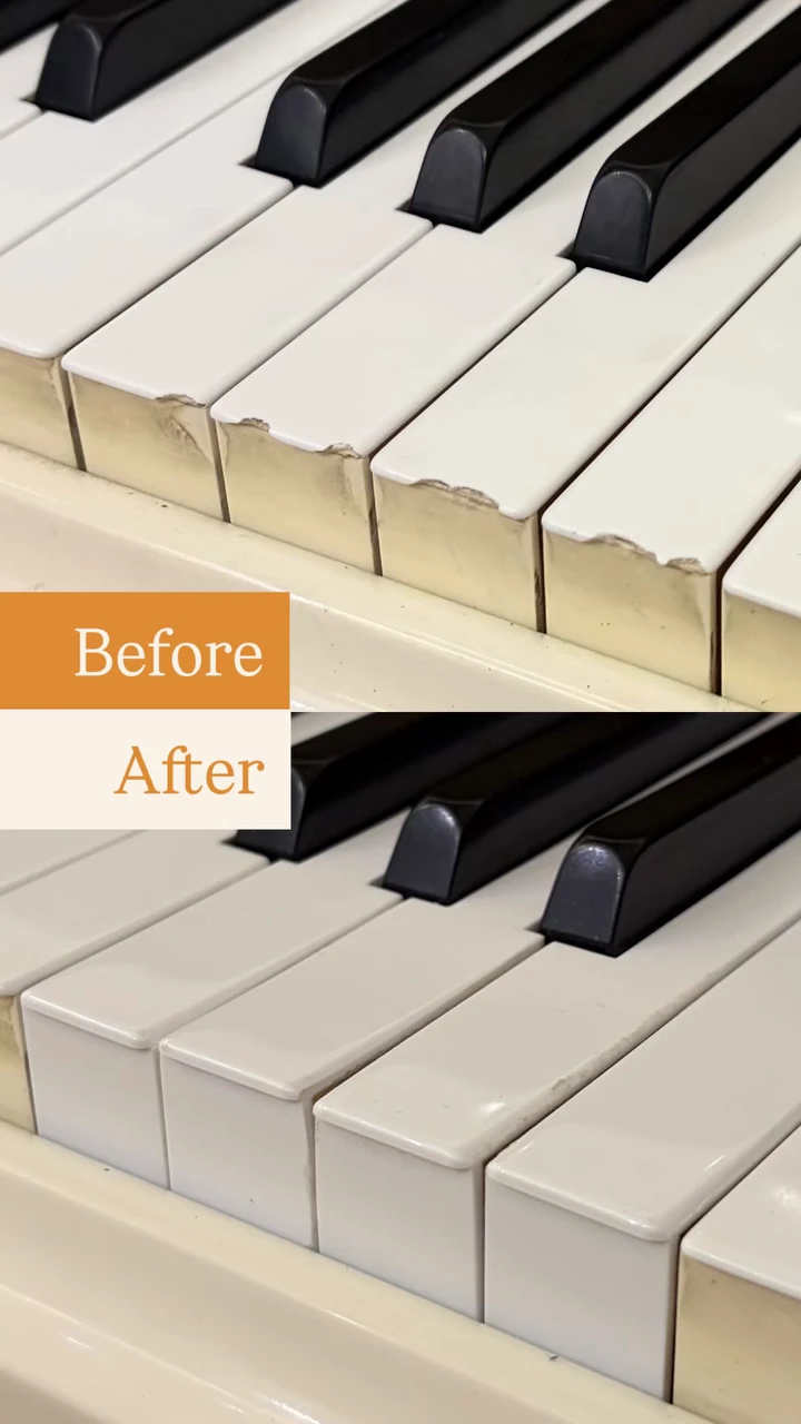 Piano keys before and after restoration