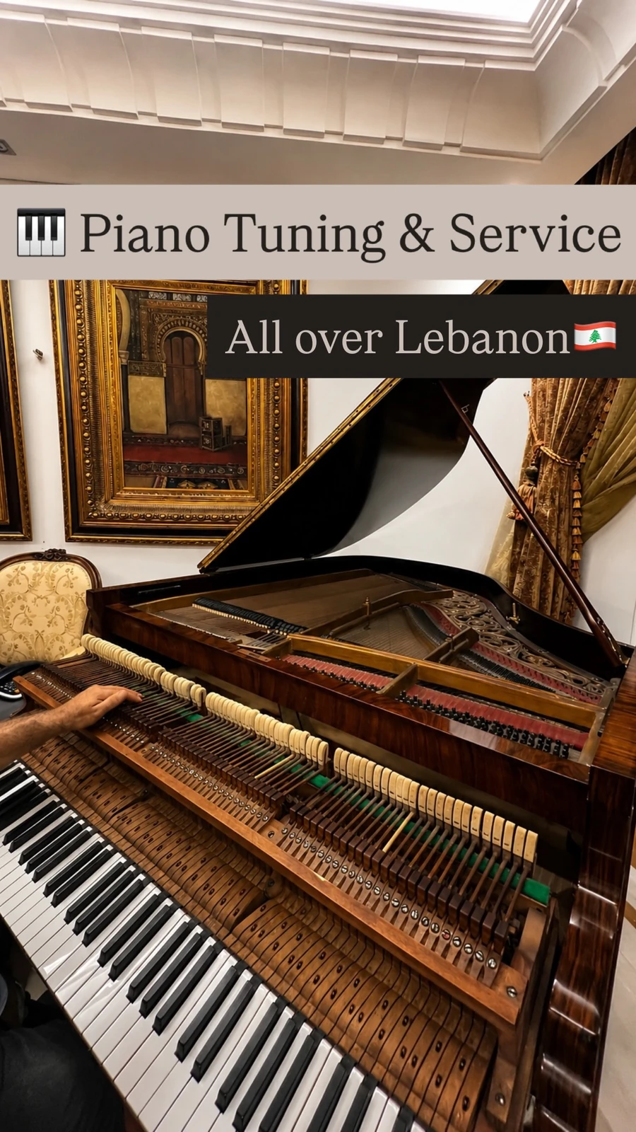 Piano tuning and service all over Lebanon, a grand piano in a salon